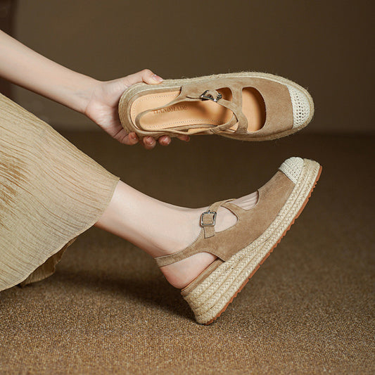 F10003 New Sheepskin Retro Straw Wedge Closed-Toe Sandals Thick-Soled Height-Increasing Fisherman Shoes for Women to Match Dresses - Ivana Supply Store