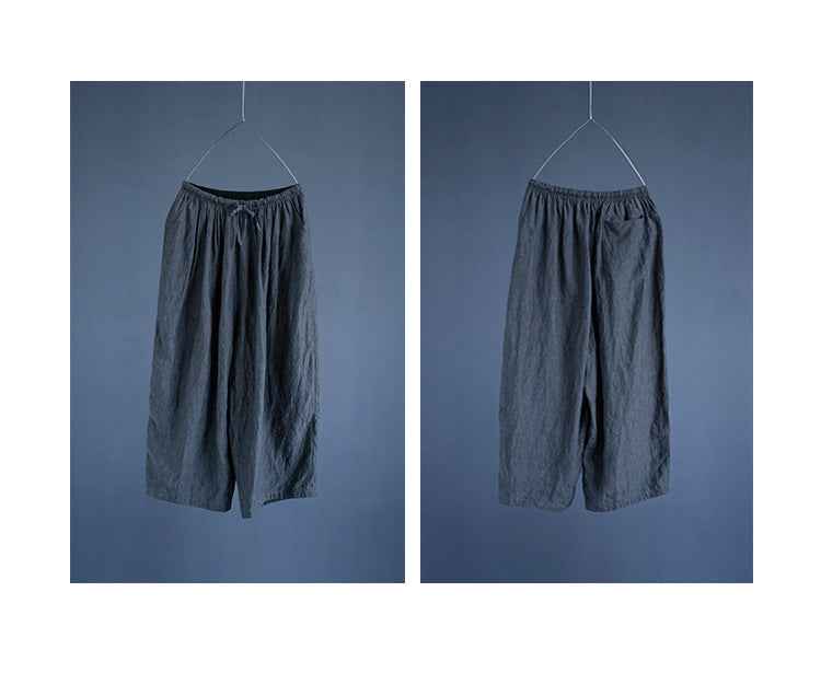 D10003 Summer Gray 95%+ Linen High-Density Woven Elastic Waist Drawstring Loose Carrot Wide-Leg Pants