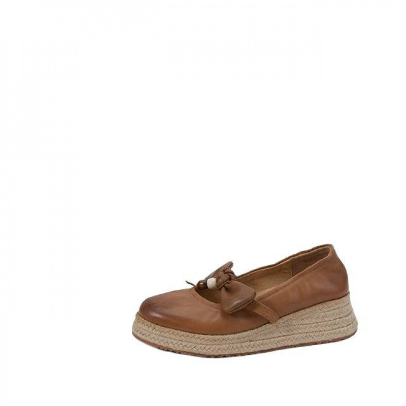 F10005 Women's Sweet Bow Beaded Fashion New Round Toe Thick Sole Mid Heel Mary Jane Braided Sole Shallow Mouth Single Shoes - Ivana Supply Store