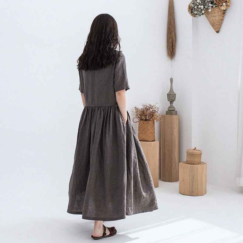 A0004 Summer New Artistic Loose Patchwork Solid Color Imported Linen Doll Collar Vintage Loose Short Sleeve Dress