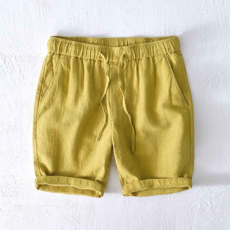 D20002 Japanese Style Elastic Drawstring Ramie Casual 70%+ Ramie Linen Shorts Men's Summer Beach Versatile Loose Cotton Linen Five-Point Shorts 8227