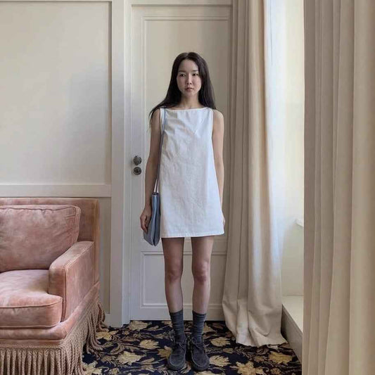 A0002 Simple Basic 95%+ Cotton Split Off-Shoulder Sleeveless Tank Dress Solid Color Dress