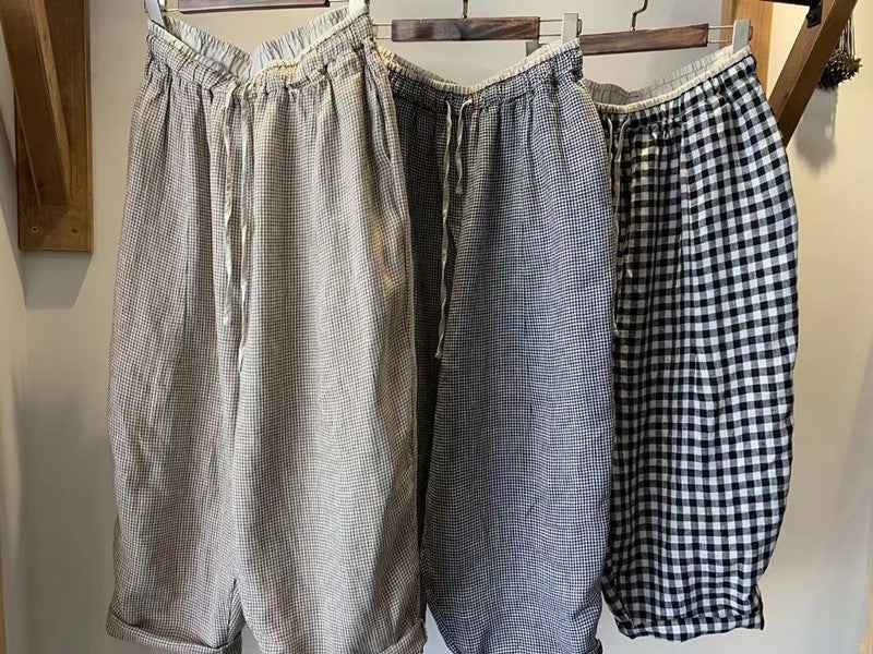 D10001 Japanese Retro Artistic Linen Plaid Harem Pants for Women Summer Loose Versatile Slimming Waist Tie Nine-point Pants