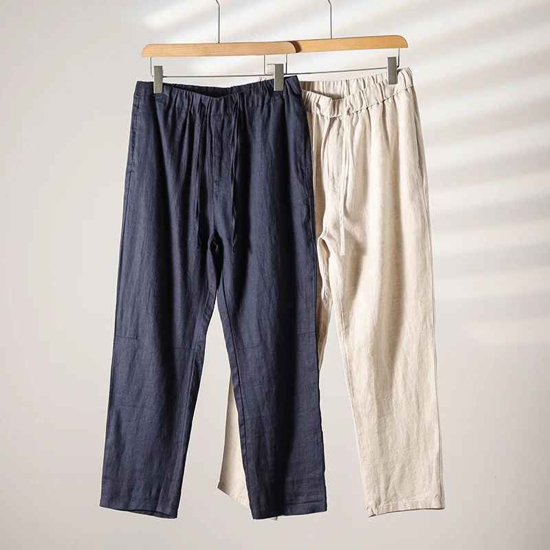 D20001 Breathable and Comfortable 100% Linen Summer Men's Loose Soft Straight-Leg Nine-Point Casual Linen Pants Men's Clothing