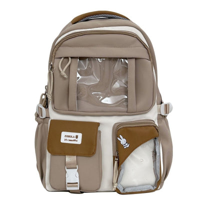 E10006 Campus Backpack for Girls, Cute Japanese Style Transparent Badge Pain Bag, Large Capacity Double Shoulder Backpack for Middle School and High School Students - Ivana Supply Store
