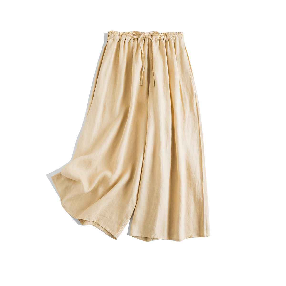 D10002 Japanese Style Commuting Simple Custom Pure Linen Artistic Loose Elastic Waist Drawstring Casual Comfortable Wide-Leg Nine-Point Skirt Pants