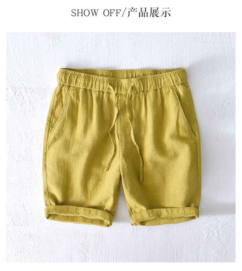 D20002 Japanese Style Elastic Drawstring Ramie Casual 70%+ Ramie Linen Shorts Men's Summer Beach Versatile Loose Cotton Linen Five-Point Shorts 8227