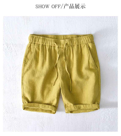 D20002 Japanese Style Elastic Drawstring Ramie Casual 70%+ Ramie Linen Shorts Men's Summer Beach Versatile Loose Cotton Linen Five-Point Shorts 8227