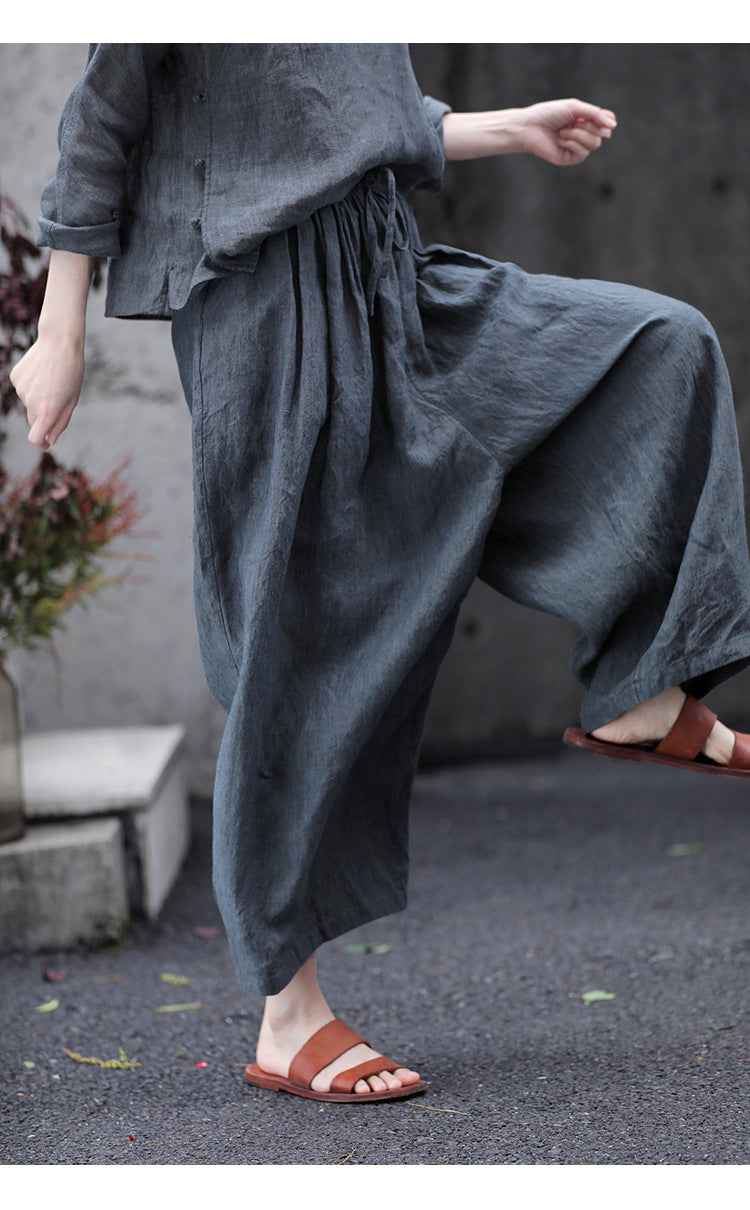 D10003 Summer Gray 95%+ Linen High-Density Woven Elastic Waist Drawstring Loose Carrot Wide-Leg Pants