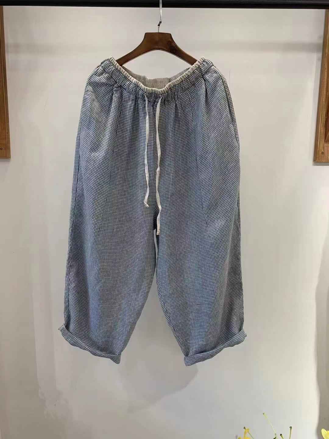 D10001 Japanese Retro Artistic Linen Plaid Harem Pants for Women Summer Loose Versatile Slimming Waist Tie Nine-point Pants