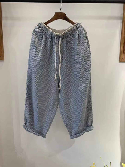D10001 Japanese Retro Artistic Linen Plaid Harem Pants for Women Summer Loose Versatile Slimming Waist Tie Nine-point Pants