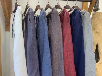 D10001 Japanese Retro Artistic Linen Plaid Harem Pants for Women Summer Loose Versatile Slimming Waist Tie Nine-point Pants