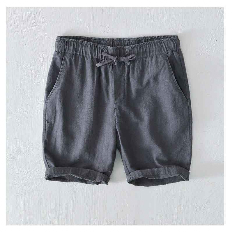 D20002 Japanese Style Elastic Drawstring Ramie Casual 70%+ Ramie Linen Shorts Men's Summer Beach Versatile Loose Cotton Linen Five-Point Shorts 8227