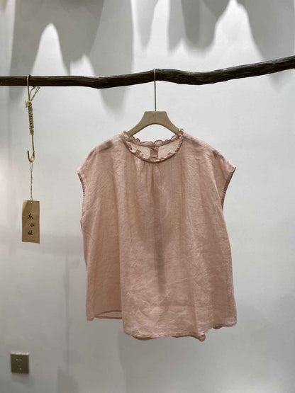 B10003 Vintage Artistic Ruffled Collar Ramie 95%+ Linen Blouse for Women Summer New Style Back Single Button Reversible Flutter Sleeve Blouse for Women