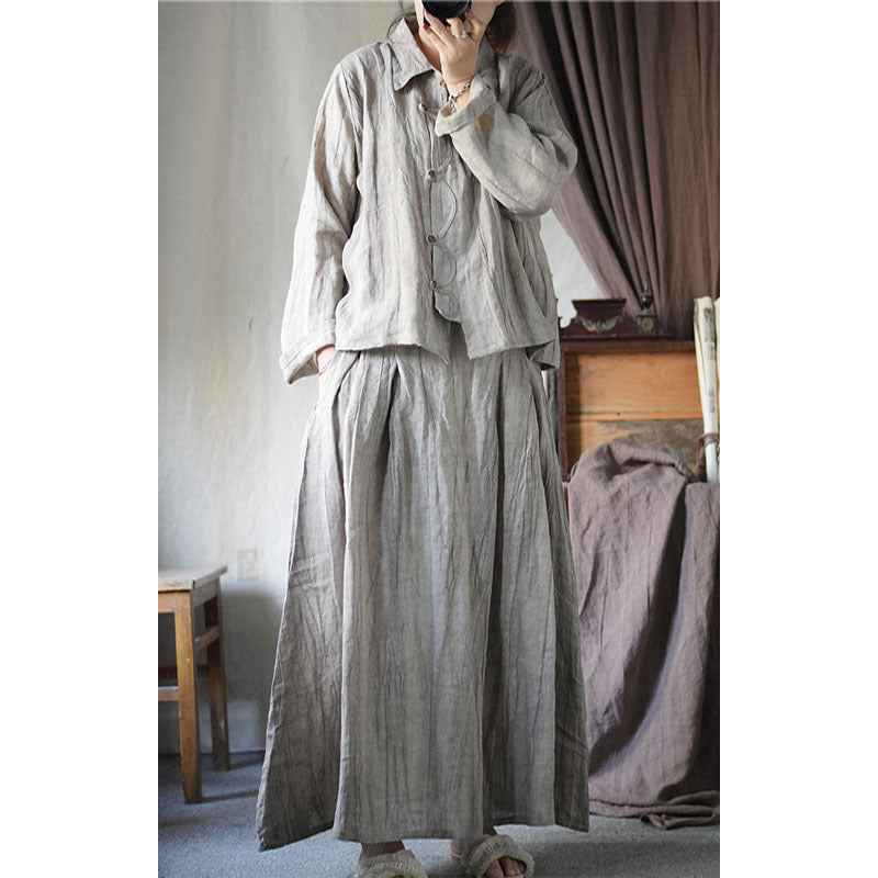 C10001 Spring Summer New Original 95%+ Linen Striped Texture Wrinkle Nostalgic Relaxed Half-Waist Elastic Skirt