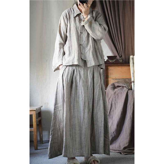 C10001 Spring Summer New Original 95%+ Linen Striped Texture Wrinkle Nostalgic Relaxed Half-Waist Elastic Skirt