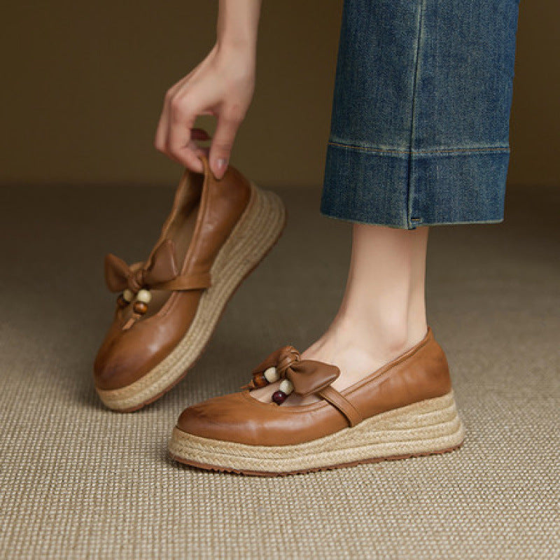 F10005 Women's Sweet Bow Beaded Fashion New Round Toe Thick Sole Mid Heel Mary Jane Braided Sole Shallow Mouth Single Shoes - Ivana Supply Store