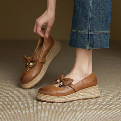 F10005 Women's Sweet Bow Beaded Fashion New Round Toe Thick Sole Mid Heel Mary Jane Braided Sole Shallow Mouth Single Shoes - Ivana Supply Store