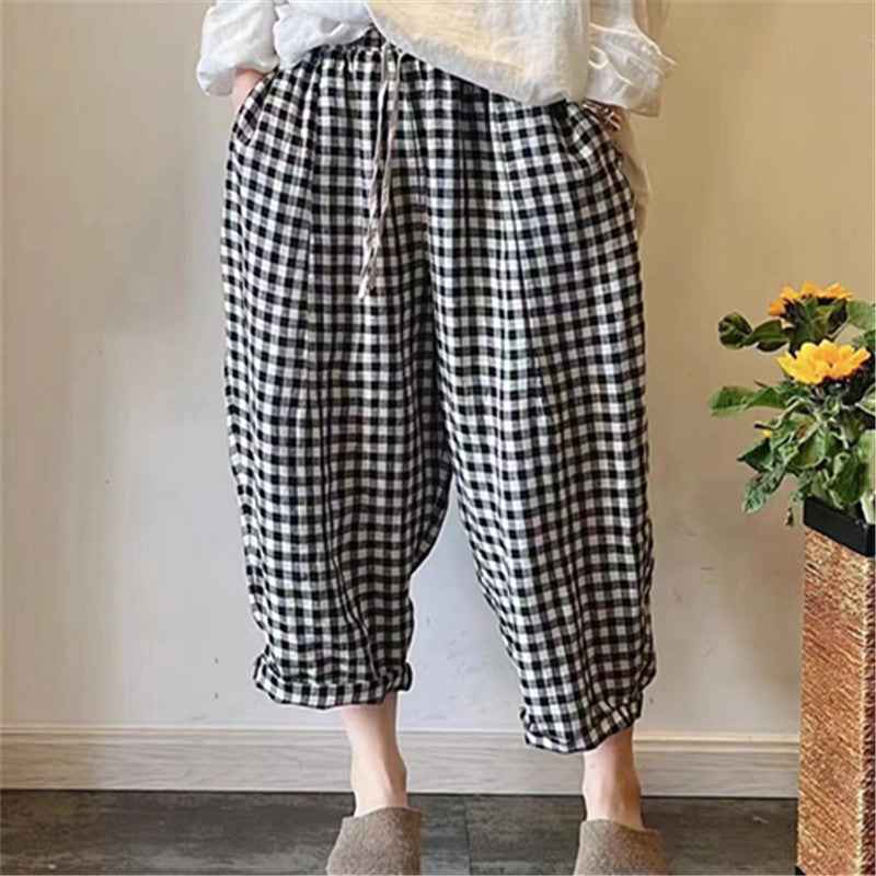D10001 Japanese Retro Artistic Linen Plaid Harem Pants for Women Summer Loose Versatile Slimming Waist Tie Nine-point Pants