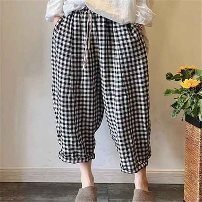 D10001 Japanese Retro Artistic Linen Plaid Harem Pants for Women Summer Loose Versatile Slimming Waist Tie Nine-point Pants
