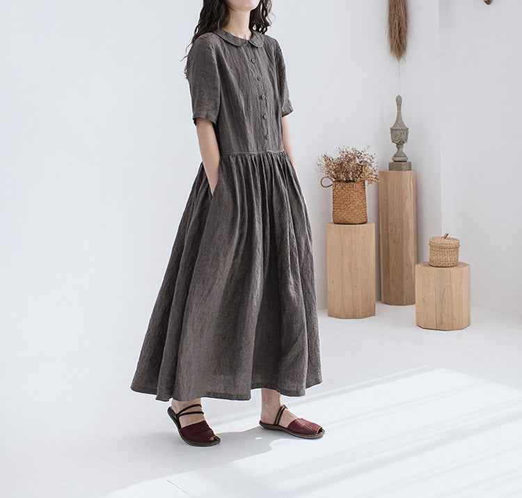 A0004 Summer New Artistic Loose Patchwork Solid Color Imported Linen Doll Collar Vintage Loose Short Sleeve Dress