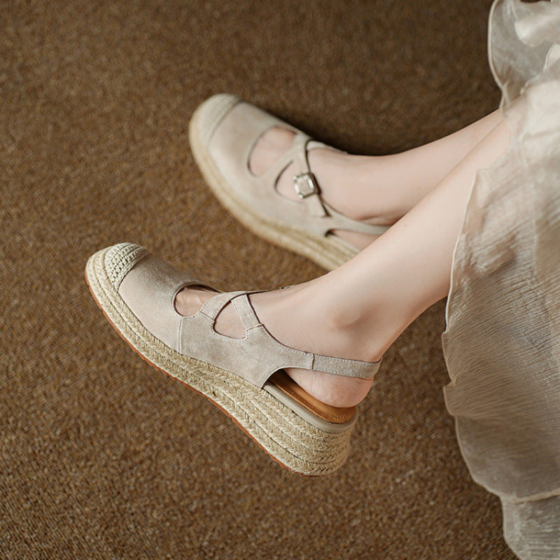 F10003 New Sheepskin Retro Straw Wedge Closed-Toe Sandals Thick-Soled Height-Increasing Fisherman Shoes for Women to Match Dresses - Ivana Supply Store