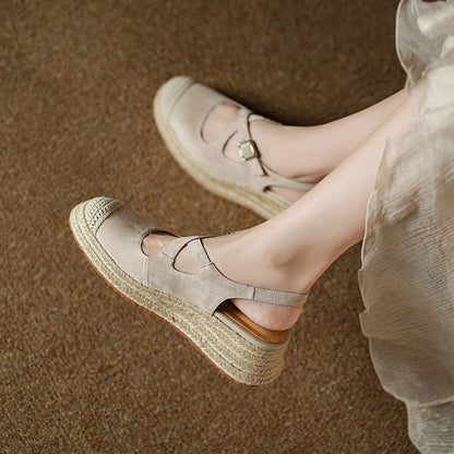 F10003 New Sheepskin Retro Straw Wedge Closed-Toe Sandals Thick-Soled Height-Increasing Fisherman Shoes for Women to Match Dresses - Ivana Supply Store