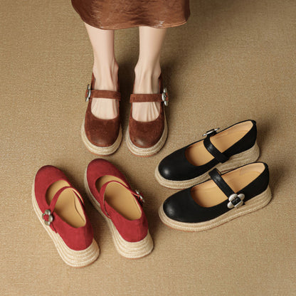 F10002 5cm High Heel Thick Sole Straw Woven Single Shoes for Women, Shallow Mouth One-Strap Platform Mary Jane Shoes, Versatile Wine Red Leather Shoes - Ivana Supply Store