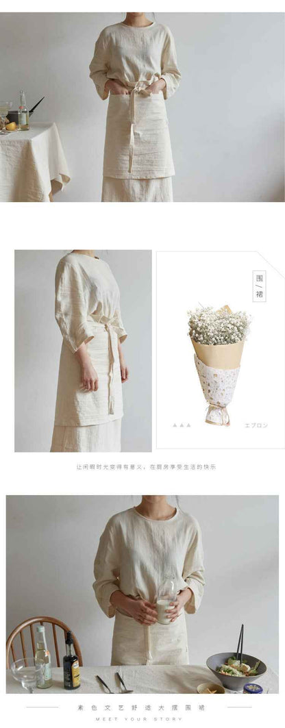H20001 Short Apron Half-length Cotton Linen Home Kitchen Waterproof Oil-proof Coffee Shop Bakery Flower Shop Half-waist Half-length Workwear