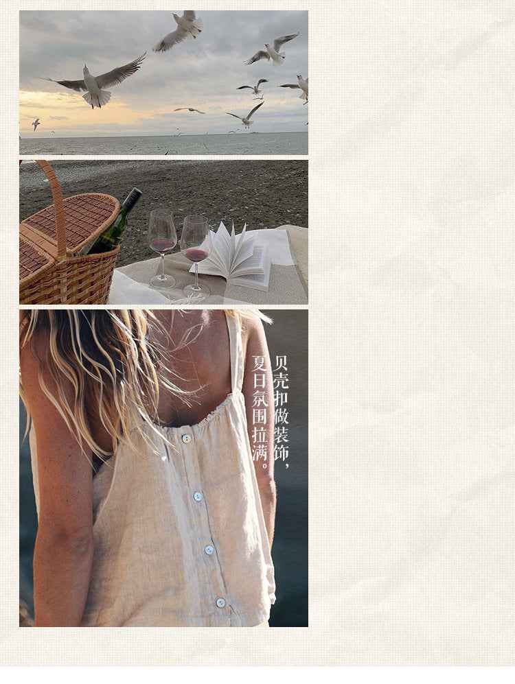 B10002 European and American Style Reversible Camisole Summer French Old Money Style Niche Design Pure Linen 95%+ Linen Backless Short Top for Women