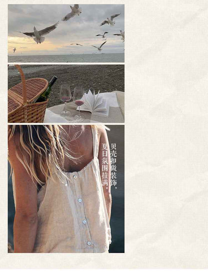 B10002 European and American Style Reversible Camisole Summer French Old Money Style Niche Design Pure Linen 95%+ Linen Backless Short Top for Women