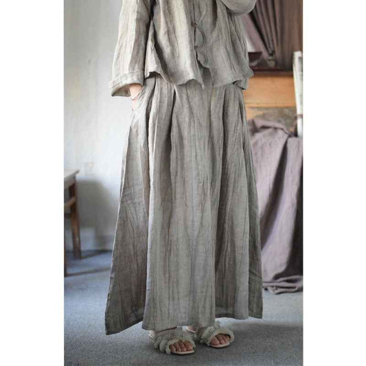 C10001 Spring Summer New Original 95%+ Linen Striped Texture Wrinkle Nostalgic Relaxed Half-Waist Elastic Skirt