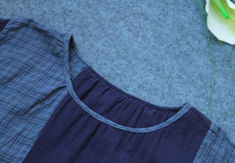 A0001 Early Summer New Cotton Linen Color Block Dress Irregular Plaid Patchwork Long Dress