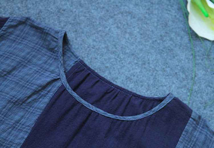 A0001 Early Summer New Cotton Linen Color Block Dress Irregular Plaid Patchwork Long Dress