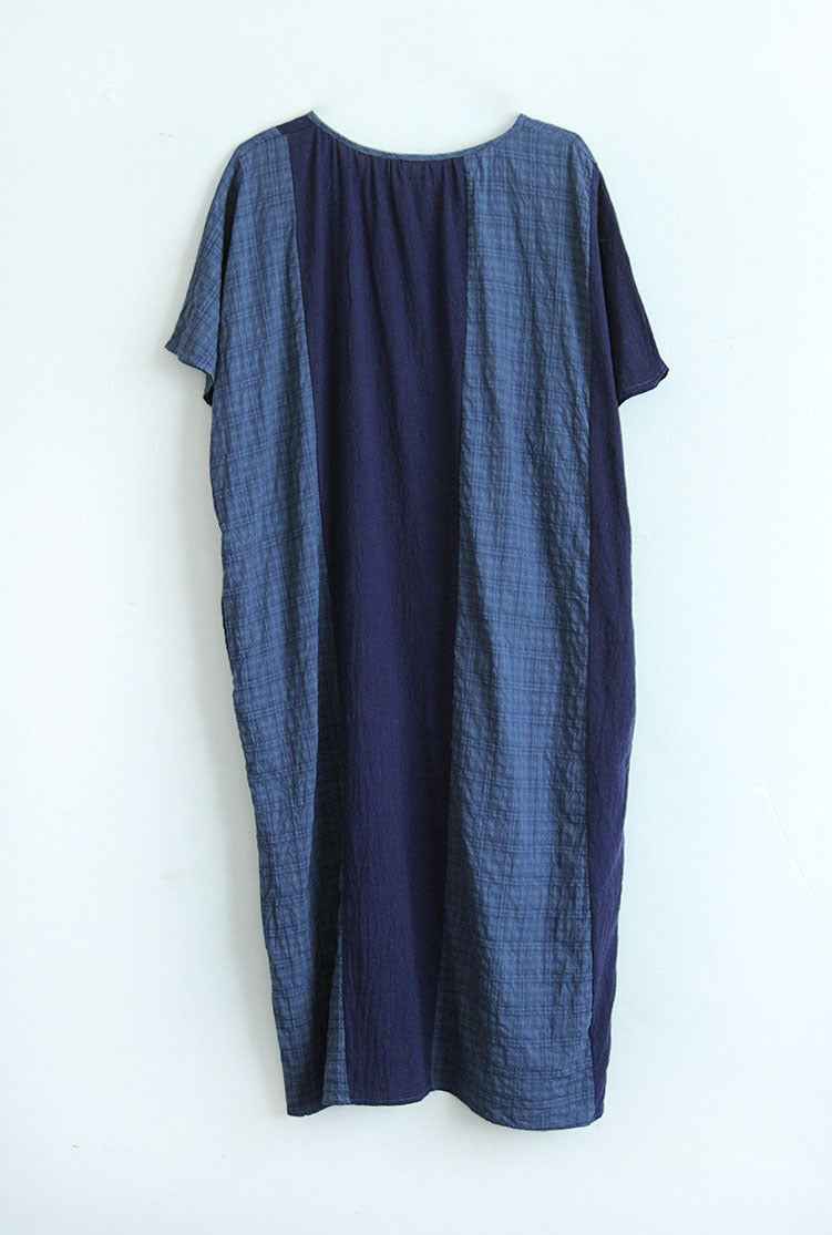 A0001 Early Summer New Cotton Linen Color Block Dress Irregular Plaid Patchwork Long Dress