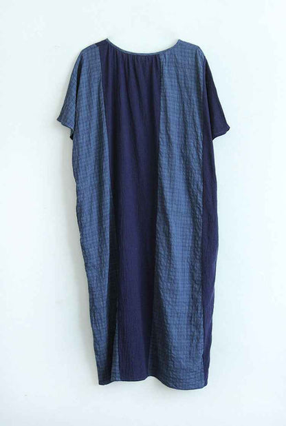 A0001 Early Summer New Cotton Linen Color Block Dress Irregular Plaid Patchwork Long Dress