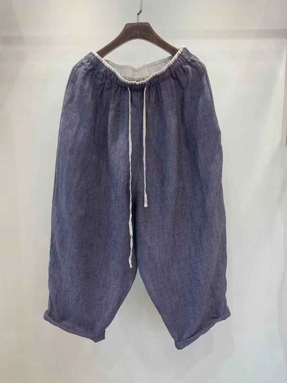 D10001 Japanese Retro Artistic Linen Plaid Harem Pants for Women Summer Loose Versatile Slimming Waist Tie Nine-point Pants