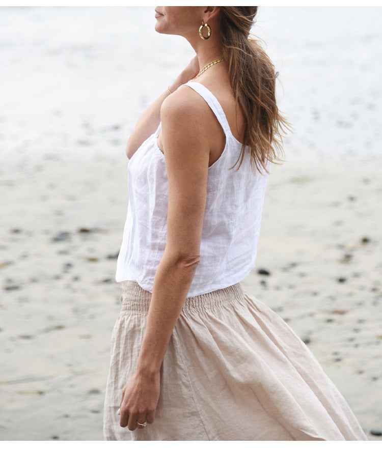 B10002 European and American Style Reversible Camisole Summer French Old Money Style Niche Design Pure Linen 95%+ Linen Backless Short Top for Women