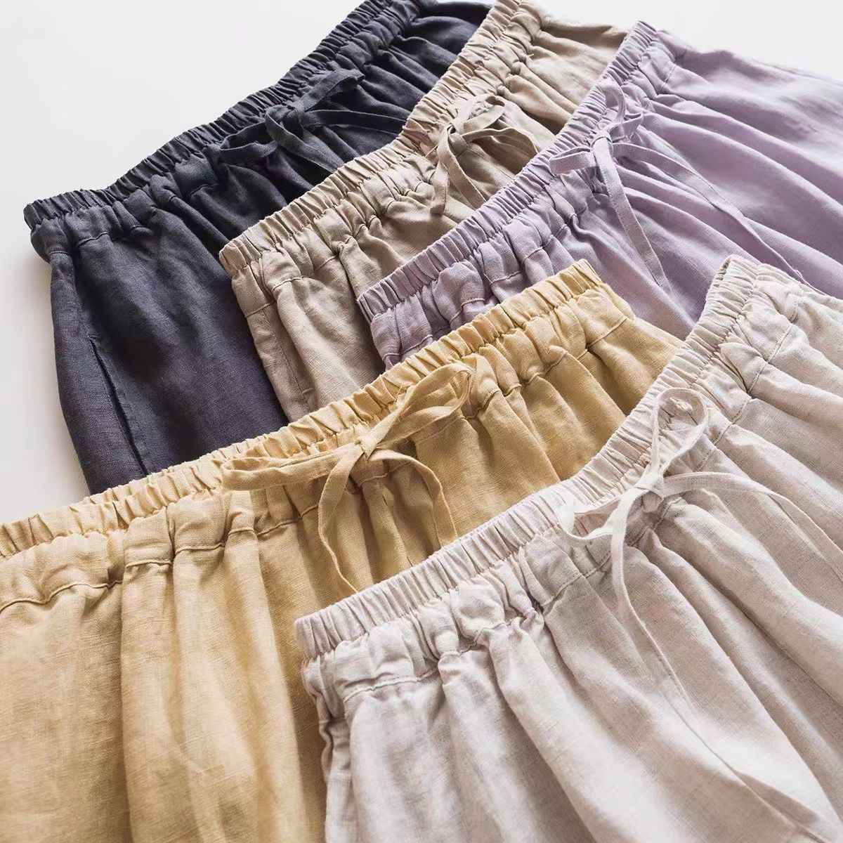 D10002 Japanese Style Commuting Simple Custom Pure Linen Artistic Loose Elastic Waist Drawstring Casual Comfortable Wide-Leg Nine-Point Skirt Pants