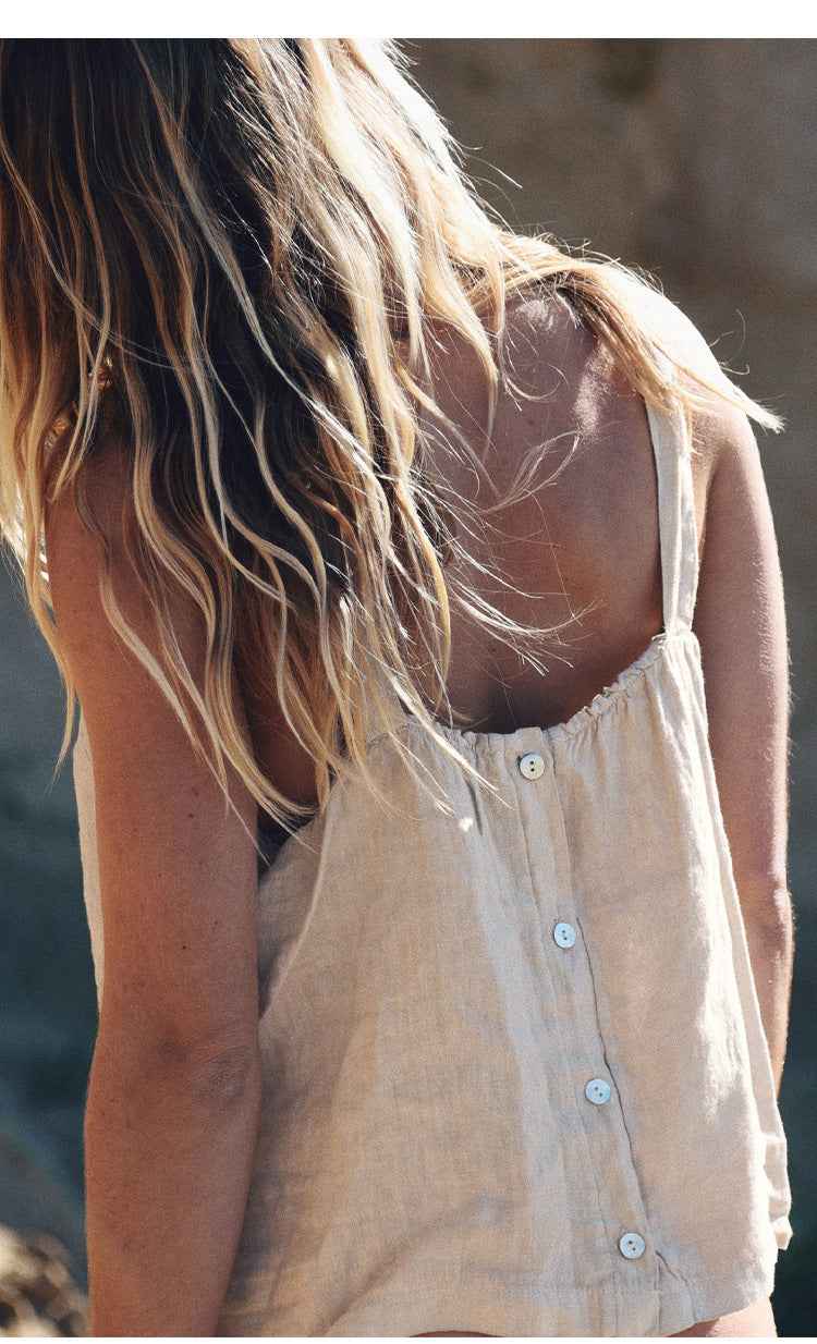 B10002 European and American Style Reversible Camisole Summer French Old Money Style Niche Design Pure Linen 95%+ Linen Backless Short Top for Women