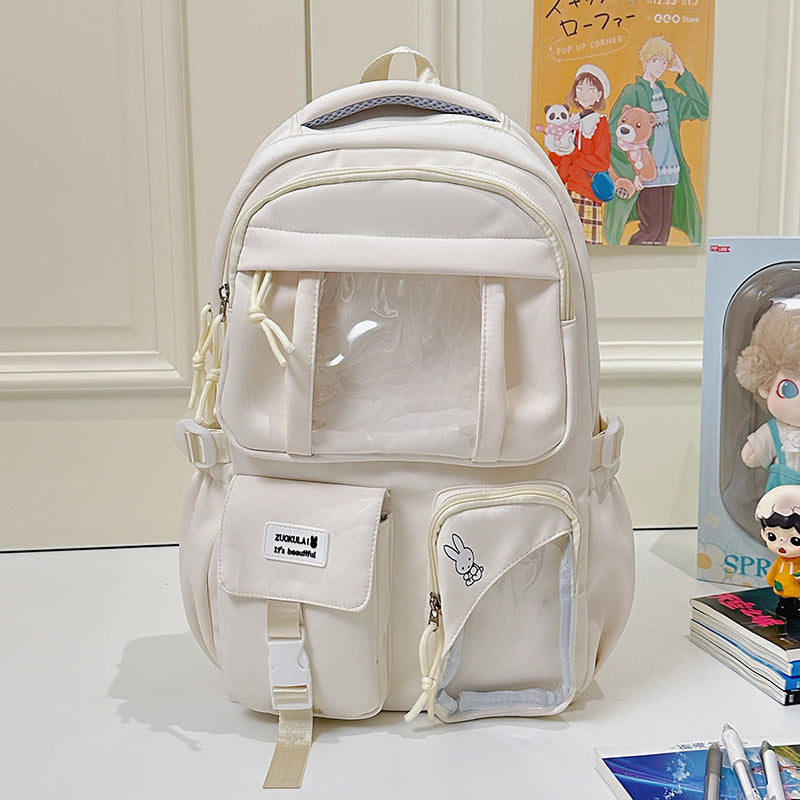 E10006 Campus Backpack for Girls, Cute Japanese Style Transparent Badge Pain Bag, Large Capacity Double Shoulder Backpack for Middle School and High School Students - Ivana Supply Store