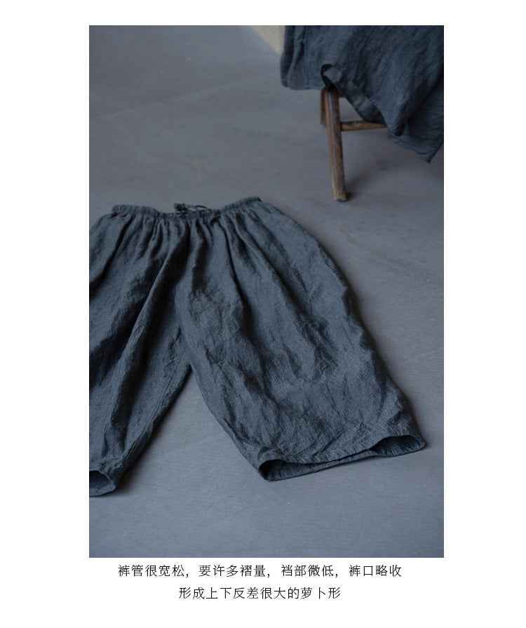 D10003 Summer Gray 95%+ Linen High-Density Woven Elastic Waist Drawstring Loose Carrot Wide-Leg Pants