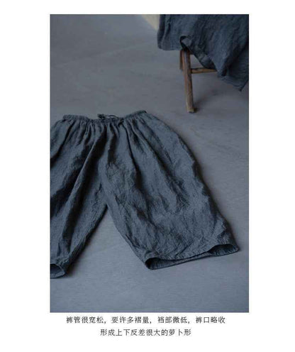 D10003 Summer Gray 95%+ Linen High-Density Woven Elastic Waist Drawstring Loose Carrot Wide-Leg Pants