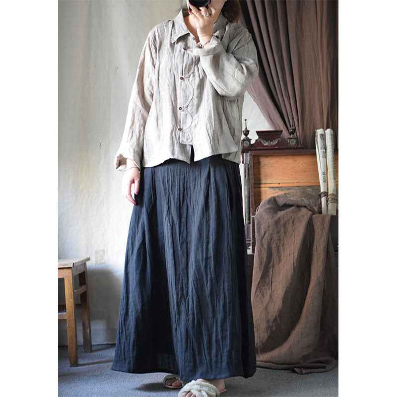 C10001 Spring Summer New Original 95%+ Linen Striped Texture Wrinkle Nostalgic Relaxed Half-Waist Elastic Skirt