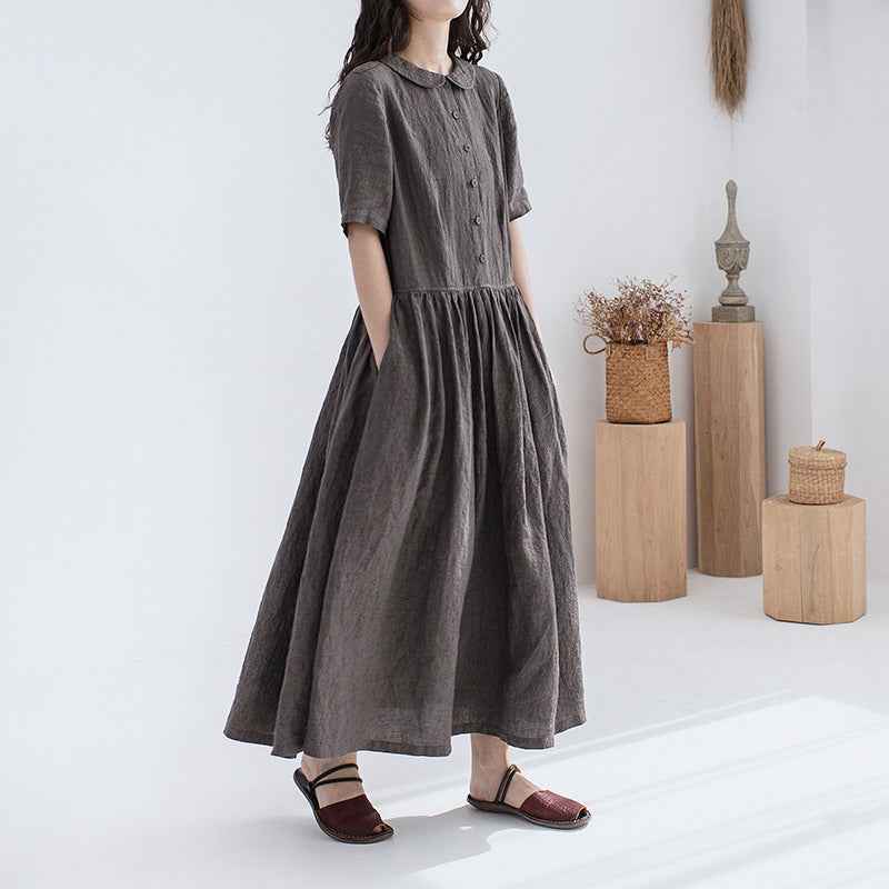 A0004 Summer New Artistic Loose Patchwork Solid Color Imported Linen Doll Collar Vintage Loose Short Sleeve Dress