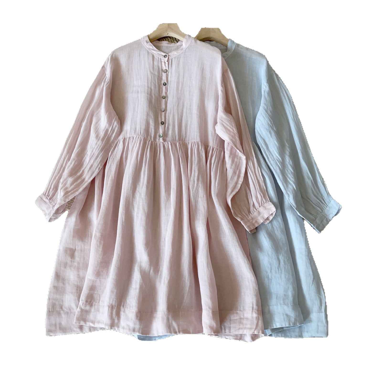 A0005 Ramie Linen Artistic Ramie Three-Quarter Sleeve Lazy Style Layered Shirt Dress Casual Dress