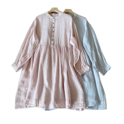A0005 Ramie Linen Artistic Ramie Three-Quarter Sleeve Lazy Style Layered Shirt Dress Casual Dress