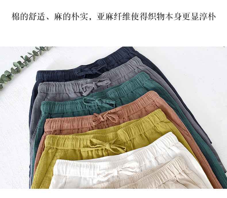 D20002 Japanese Style Elastic Drawstring Ramie Casual 70%+ Ramie Linen Shorts Men's Summer Beach Versatile Loose Cotton Linen Five-Point Shorts 8227