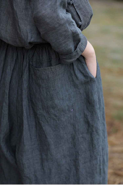 D10003 Summer Gray 95%+ Linen High-Density Woven Elastic Waist Drawstring Loose Carrot Wide-Leg Pants