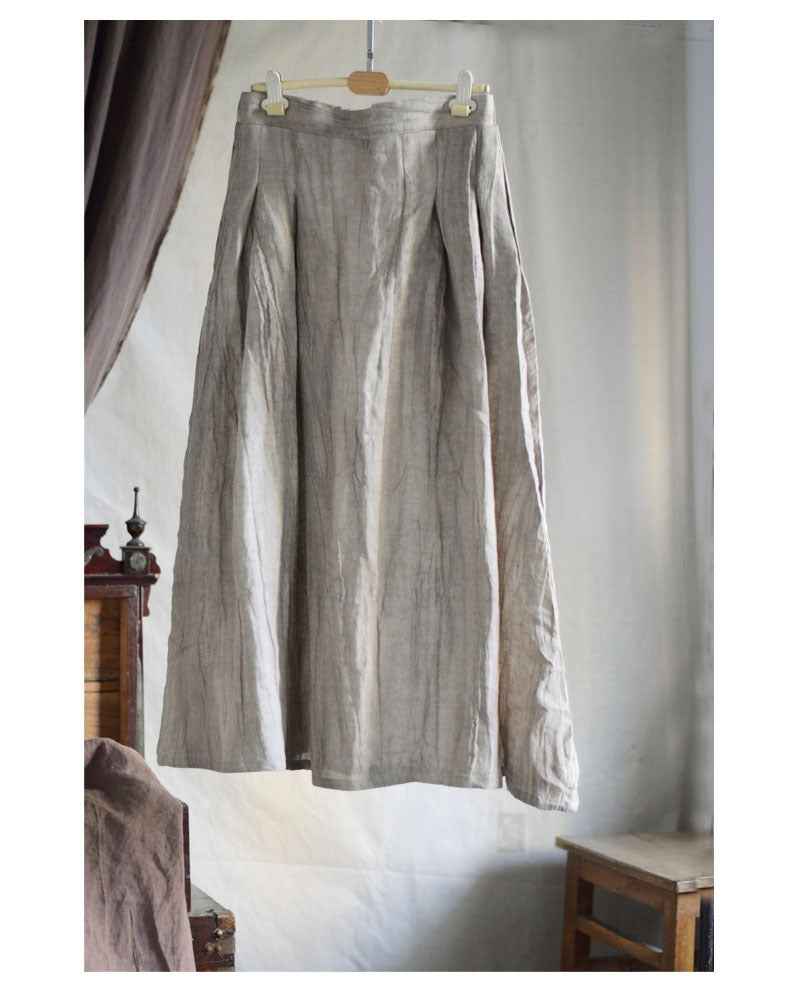 C10001 Spring Summer New Original 95%+ Linen Striped Texture Wrinkle Nostalgic Relaxed Half-Waist Elastic Skirt
